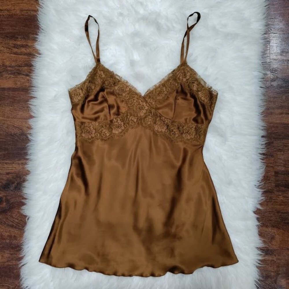 Express Design Studio Womens Small Silky Lace Trim V-Neck Cami Tank Top Brown